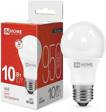 Лампа свд. LED IN HOME А60 10W Е27 220V 4000К (груша)(1/10/100)