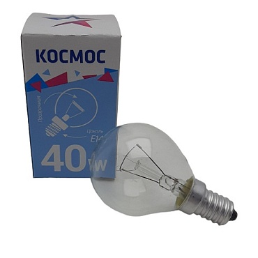 Лампа накал. Космос Р45 Е14 40W шар прозрачная 1996 (1/100)
