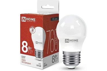 Лампа свд. LED IN HOME 8W E27 4000К (шар) (1/10/100)